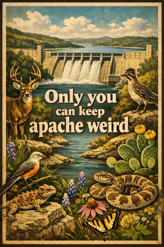 Colorful “Keep Apache Weird” artwork celebrating the quirky, eclectic character and individuality of the Apache Shores neighborhood.