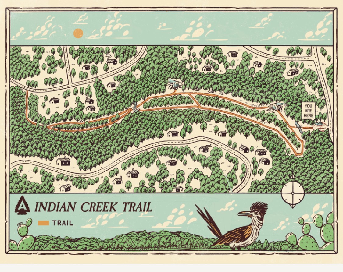 Illustrated map showing the routes and landmarks along Indian Creek Hiking Trail.