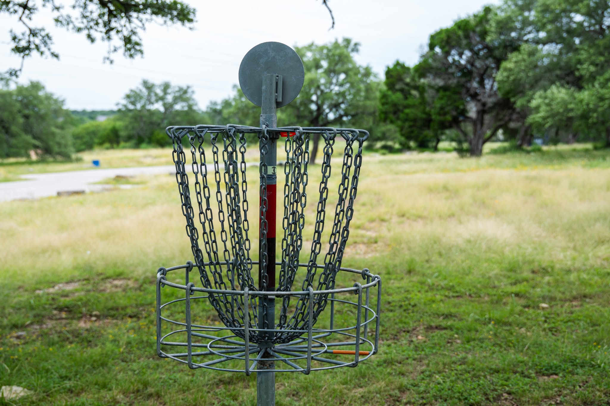 Disc golf basket on the Badlands Disc Golf Course surrounded by rocky limestone ground, cedar trees, and dense native Hill Country vegetation.