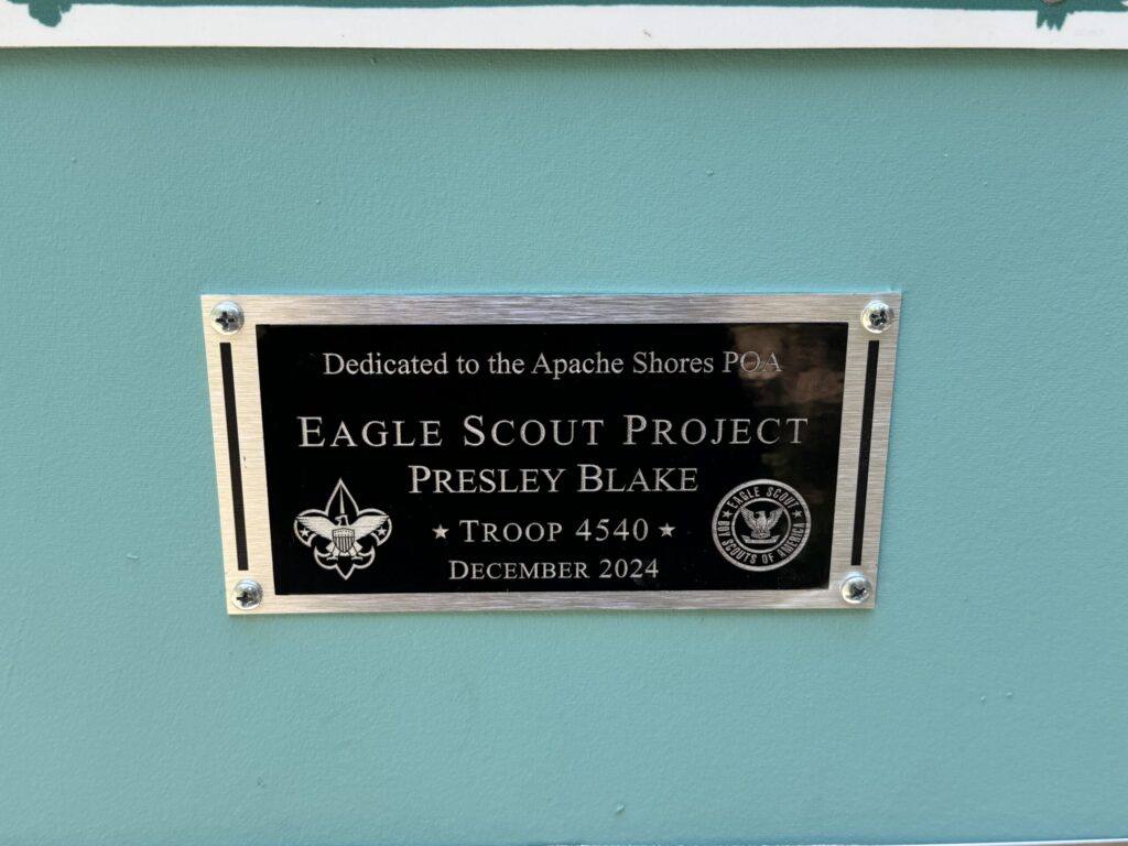 Plaque recognizing Presley Blake of Troop 4540 for the December 2024 Eagle Scout project dedicated to Apache Shores POA.